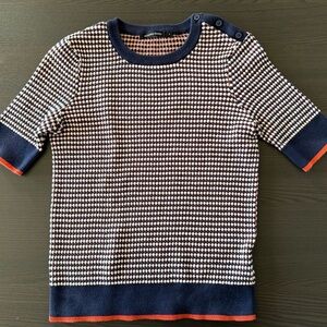 Elegant Navy and White Women's Short Sleeve Top W/Orange Trim and Button Detail